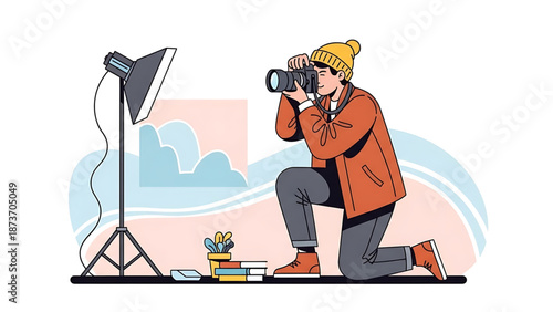 Dedicated creative photographer in a modern studio setting, kneeling to capture artistic moments with professional lighting equipment and a digital camera