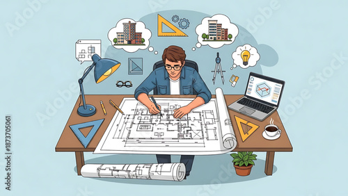 Architect at work, drafting building blueprints with design tools, conceptualizing urban structures and creative architectural engineering projects