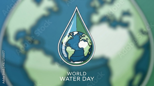 World water day concept with a globe inside a water droplet on a blurred world map background with Earth and environment and ecology and conservation