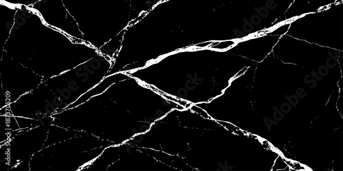 Abstract black marble texture with dramatic white lightning-like veins and cracks. High-contrast natural stone background, elegant and modern, ideal for luxury design, wallpapers, branding, and print 