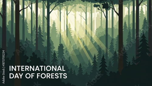 International day of forests illustration with sun rays shining through dense forest trees with nature and conservation and ecology and environment