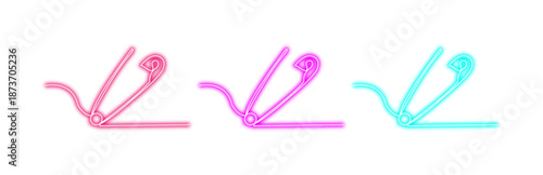 Multiple variants of colorful neon safety pin icons, glowing with modern style, perfect for contemporary fashion and design projects, isolated on transparent background.
