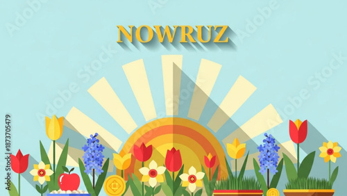 Vibrant nowruz celebration with sun flowers tulips and apple on light blue background with spring and festival and new beginnings and renewal