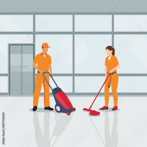 Professional cleaning team working diligently in a modern commercial building