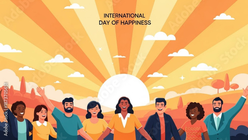 Diverse group of happy people celebrating international day of happiness with arms raised in joyful unity under sunny landscape with celebration