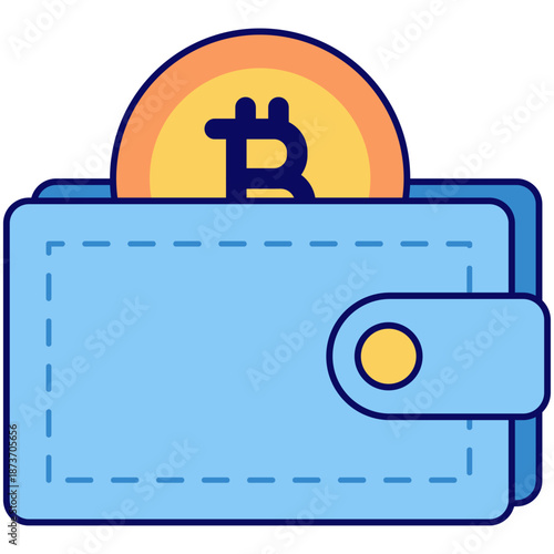 A light blue wallet containing a gold coin with the Bitcoin (BTC) symbol