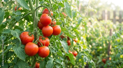 A vibrant close up view of ripening red tomatoes hanging on the vine amidst lush green foliage in a garden setting
