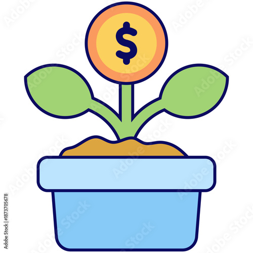 A potted plant with a dollar coin leaf representing wealth accumulation and long-term interest
