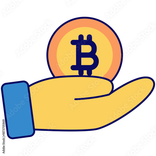 A human hand holding a Bitcoin coin representing cryptocurrency transactions, giving, or receiving