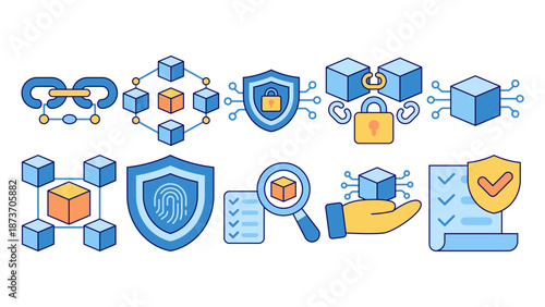 Collection of modern line icons related to blockchain distributed ledger technology decentralized networks and secure digital transactions