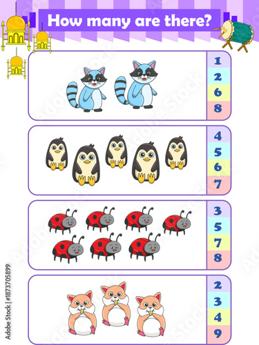 Counting game of wild animals for preschool kids. Printable. Vector Illustration