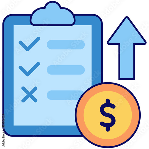 A clipboard with checkmarks, a rising arrow, and a dollar coin, representing a trading plan