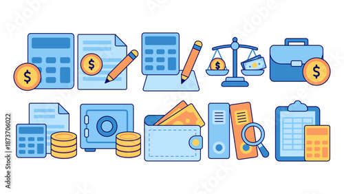 Collection of modern line icons related to accounting bookkeeping financial records calculations audits and business finance management