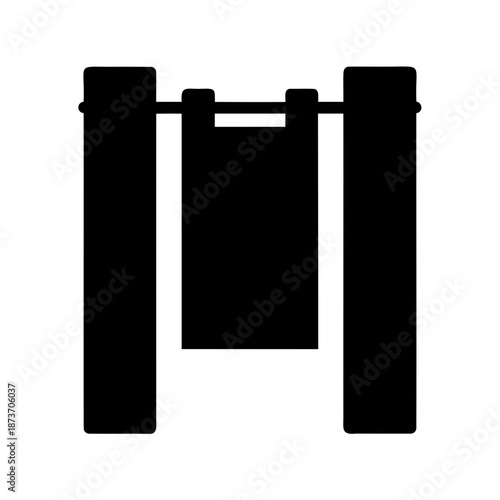 Hanging black wooden sign with two supporting pillars and horizontal bar