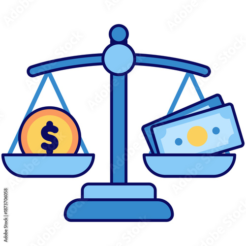 Illustration of a classic scale balancing a gold coin and cash banknotes representing financial stability