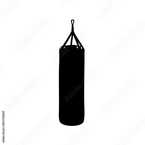 Silhouette of a heavy punching bag suspended from above on white background