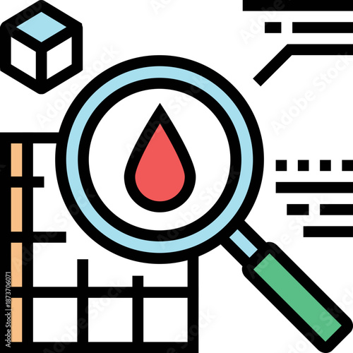 Blood drop analysis with magnifying glass and data