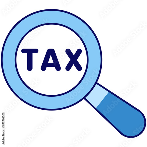 Blue magnifying glass focuses on the word tax. Perfect for tax preparation services, financial websites, accounting blogs, and taxrelated marketing materials.