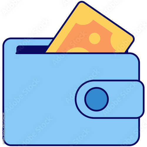 Blue cartoon wallet with yellow paper money sticking out. Suitable for finance, savings, budgeting concepts in designs. Ideal for websites, ads.