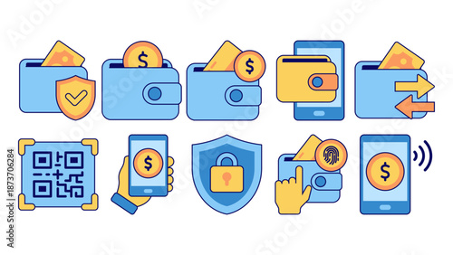 Blue wallets, coins, cellphones displaying digital payments. Perfect for finance blogs, technology articles, ecommerce websites, and banking brochures.