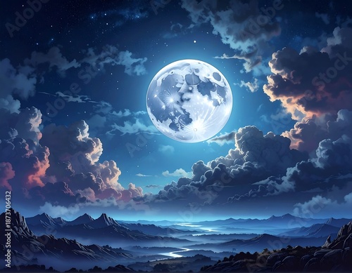 A breathtaking night scene of the radiant moon over majestic landscapes