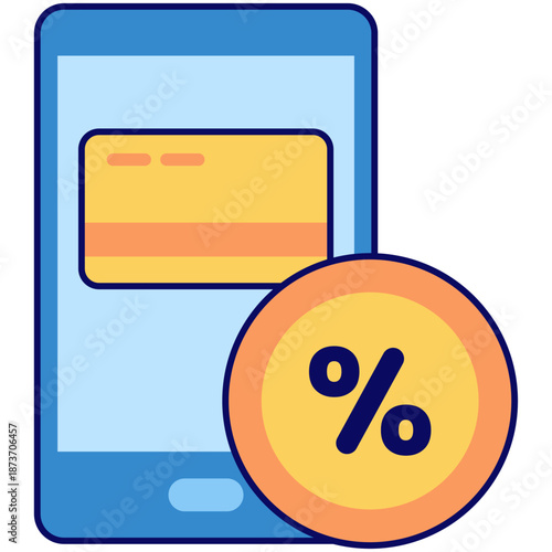 Phone credit card and a percent symbol. Suitable for finance and technology concepts. Digital payment and savings promotions designs.