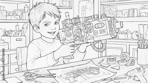 Children's coloring book - Young boy smiling and holding handmade toy gun in workshop  