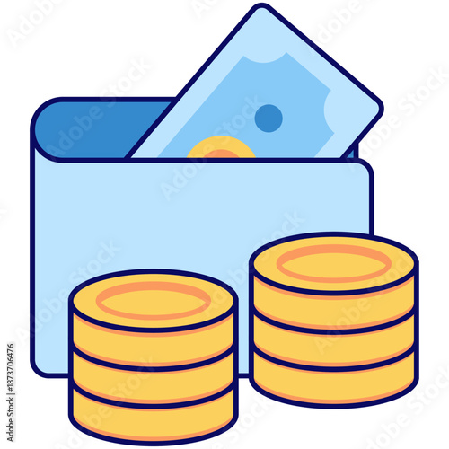 Perfect for finance, budgeting, savings, and investment concepts. A wallet filled with cash and stacks of coins.