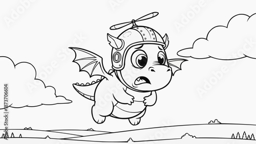 Children's coloring book - Cartoon dragon flying with a helicopter hat in a cloudy sky  