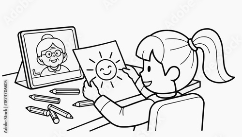 Children's coloring book - Girl showing drawing of sun while video chatting with grandmother  