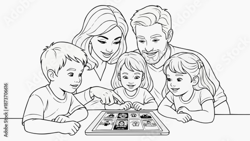 Children's coloring book - A family of four smiles, chooses a movie on a tablet to watch together