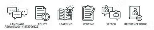 Grammar banner icon with language, policy, learning, writing, speech, reference book