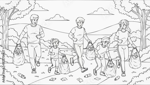 Children's coloring book - A family is participating in a plogging event (jogging + picking up litter) in a park with gloves and bags