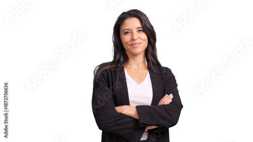 Confident businesswoman smiling with arms crossed on transparent background