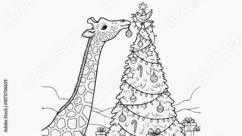 Children's coloring book - The giraffe helps the bird decorate the Christmas tree, there are gifts nearby