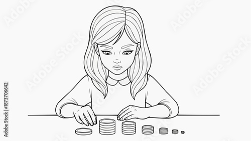 Children's coloring book - Young girl counting coins while sitting at a table indoors  