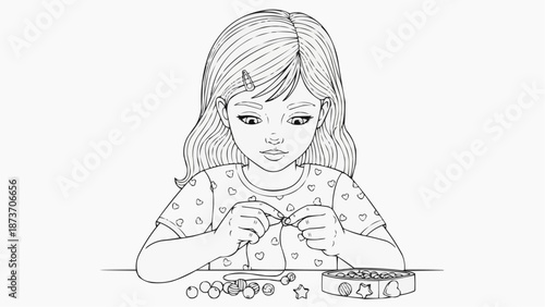 Children's coloring book - Young girl making jewelry with beads while concentrating indoors  