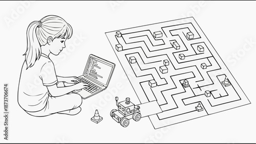 Children's coloring book - Young girl programming robot on maze with laptop indoors  