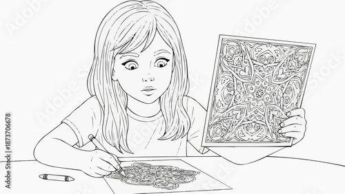 Children's coloring book - Young girl coloring intricate design while looking at reference image  