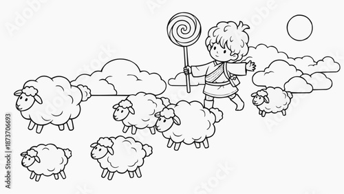 Children's coloring book - A little cloud shepherd grazes fluffy clouds in the shape of sheep across the sky with a lollipop 