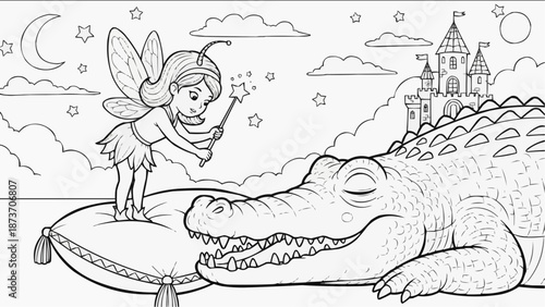 Fairy coloring page with girl and crocodile in fantasy setting  