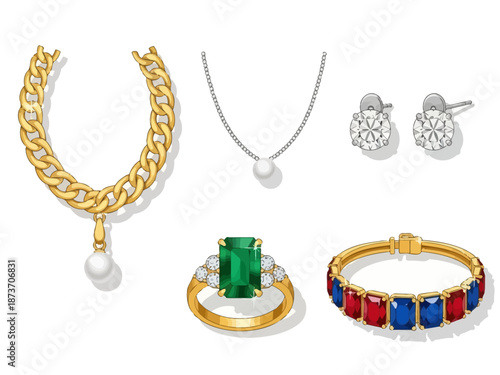Collection of exquisite jewelry including necklaces earrings ring and bracelet.