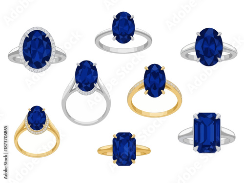 Collection of Elegant Sapphire Rings Displayed Artistically.