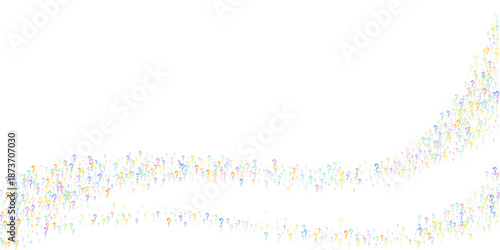Question marks. Background for quiz, poll, survey, faq, interrogation, query. Multicolored template for opinion, public poll. Funny School vector illustration rainbow color on white background.