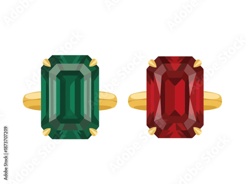 Two Emerald Cut Gemstone Rings Emerald and Ruby Gold Setting.