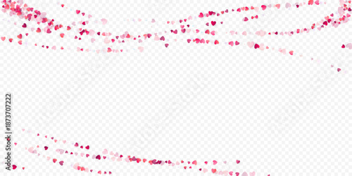 Heart love vector background. Valentine frame. Pink hearts confetti. Scattered love symbols. Random falling heart shape on transparent background. Beautiful Invitation, Greeting Card Illustration.