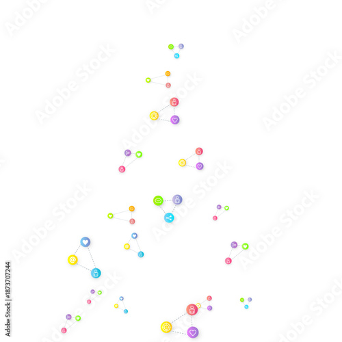Social media marketing, Communication networking concept. Random icons social media services tags linked on white background. Comment, friend, like, share, target, message. Vector Internet concept.