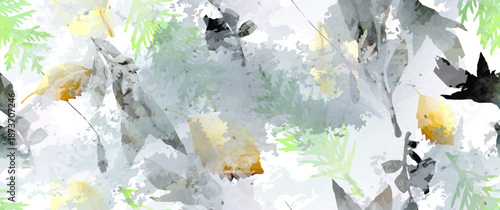 Aesthetic Seamless Pattern. Leaves Trees, Shrubs Stamp Effect. Neutral Tree Leaf Pattern. Texture Spots Watercolor Overlay. Transparency Wallpaper Rustic Modern Design. Fancy Delicate Fabric Textile.