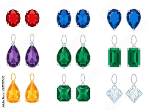 Collection of exquisite gemstone earrings in various cuts and colors.