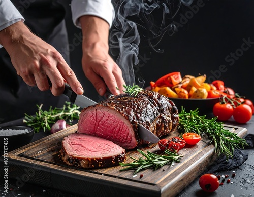 A chef slicing a roasted meat on a wooden cutting board
